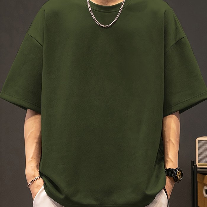 Loose Solid Suedette T-shirt Men's Loose Solid Suedette T-shirt, Casual Short Sleeve Crew Neck Tee, Men's Clothing For Summer Outdoor