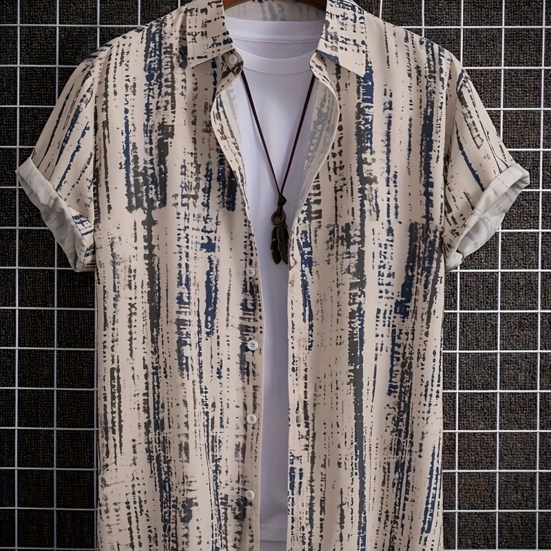 Loose Geometric Print Shirt Casual Loose Geometric Print Shirt - Men's Short Sleeve Button Up Shirt For Outdoor Activities