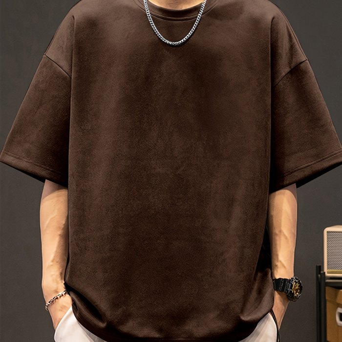 Loose Solid Suedette T-shirt Men's Loose Solid Suedette T-shirt, Casual Short Sleeve Crew Neck Tee, Men's Clothing For Summer Outdoor