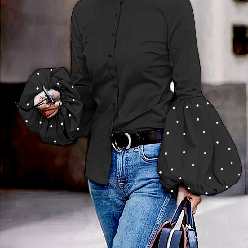 Chic Beaded Button-Up Blouse with Lantern Sleeves - Elegant Solid Color Mock Neck, Perfect for Spring & Fall, Women's Fashion