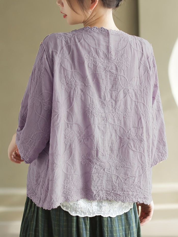 Elegant V-Neck Cardigan for Women - Comfortable Polyester, Half Sleeve, Button-Up with Intricate Floral Embroidery, Ideal for Spring\u002FSummer Casual Wear, Spring Fashion Wear|Elegant Vneck Shirt|Polyester Fabric