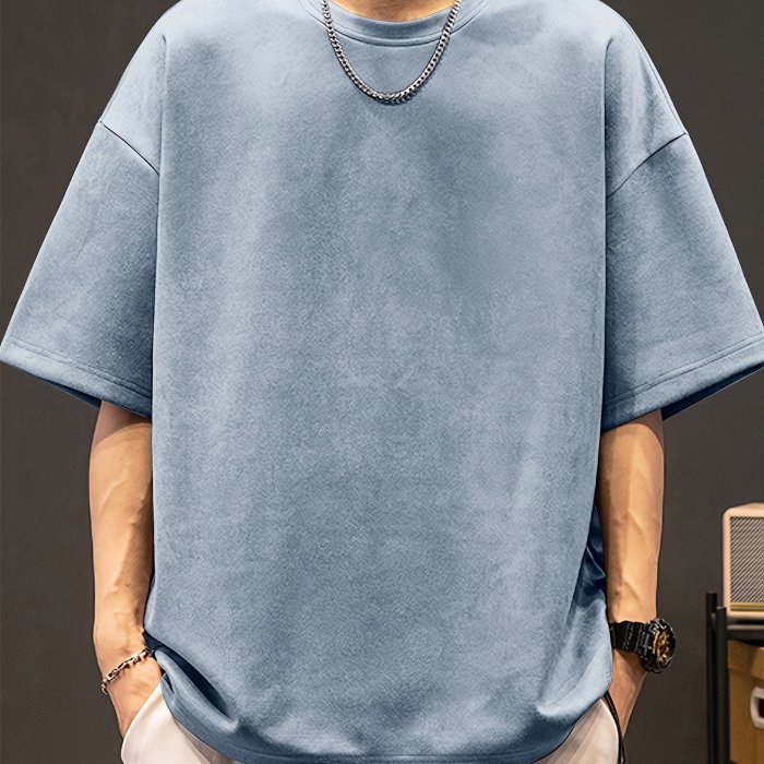 Loose Solid Suedette T-shirt Men's Loose Solid Suedette T-shirt, Casual Short Sleeve Crew Neck Tee, Men's Clothing For Summer Outdoor