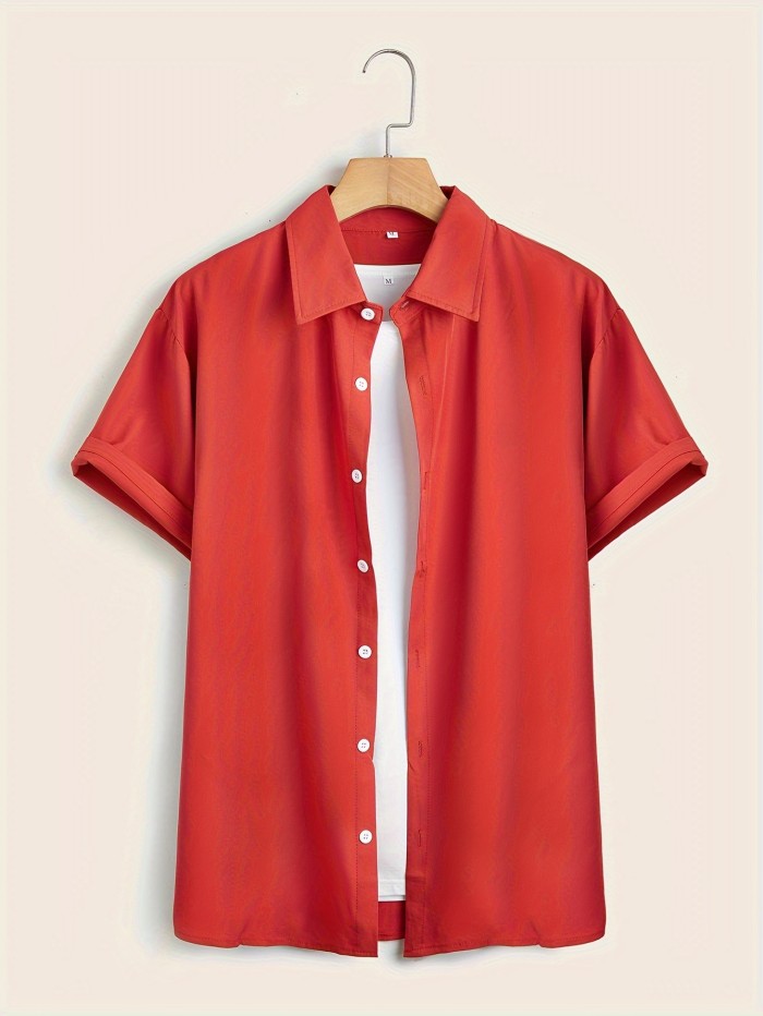 Gentle Care Men's Plus Size Solid Color Button- Shirt - Polyester, Lapel Collar, Short Sleeve Dress Blouse with Chest Pocket, Allseason Apparel | Solid Color Top | Simple Design, PLUS SIZE