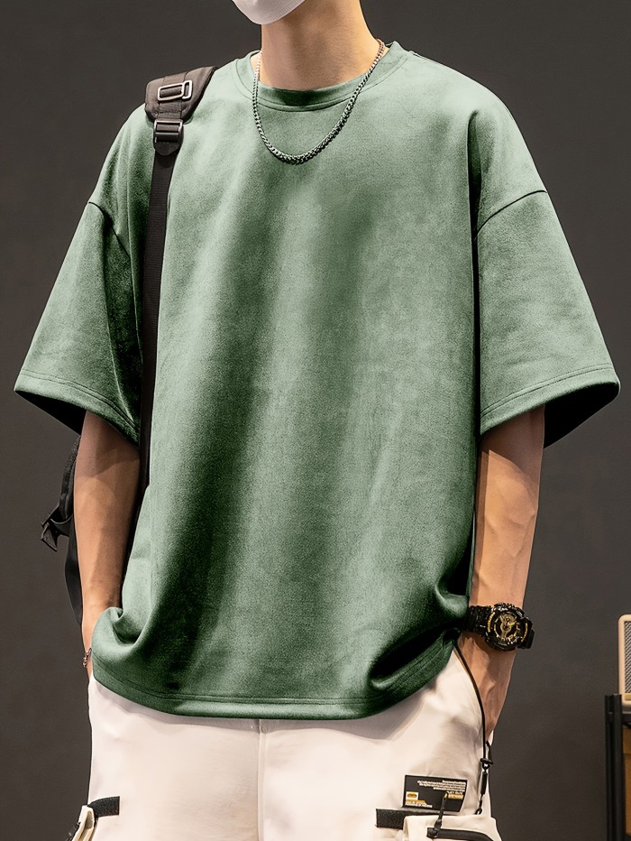 Loose Solid Suedette T-shirt Men's Loose Solid Suedette T-shirt, Casual Short Sleeve Crew Neck Tee, Men's Clothing For Summer Outdoor
