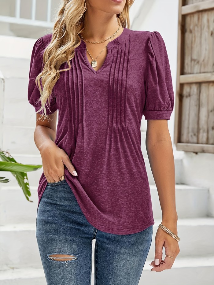 Women'S Elegant V Neck Puff Short Sleeve Pleated T-Shirt, Stylish And Comfortable Summer Tops, Casual Tunic Blouse With Soft, Lightweight, And Breathable Fabric For Everyday Wear