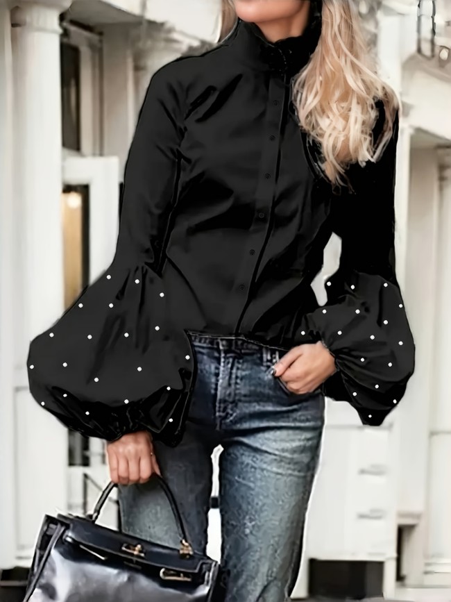 Chic Beaded Button-Up Blouse with Lantern Sleeves - Elegant Solid Color Mock Neck, Perfect for Spring & Fall, Women's Fashion
