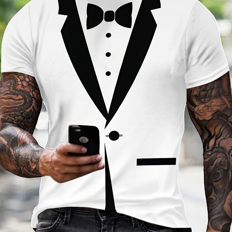1pc Men'S Novelty 3D Print Tuxedo T-Shirt - Casual Street Style, Stretch Fabric, Crew Neck, Machine Washable, Polyester Knit, Regular Fit