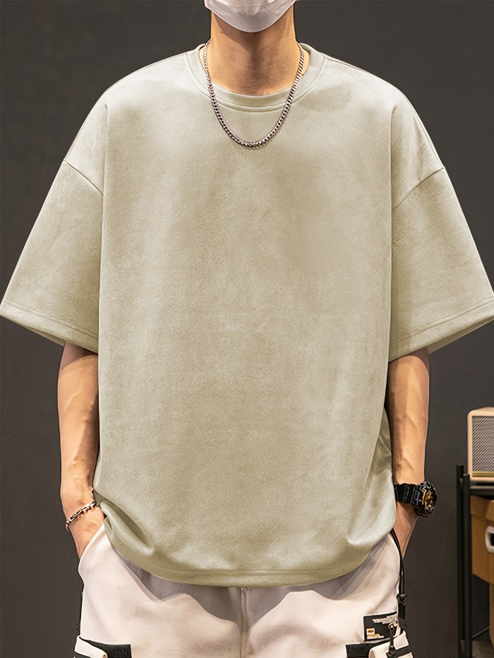Loose Solid Suedette T-shirt Men's Loose Solid Suedette T-shirt, Casual Short Sleeve Crew Neck Tee, Men's Clothing For Summer Outdoor