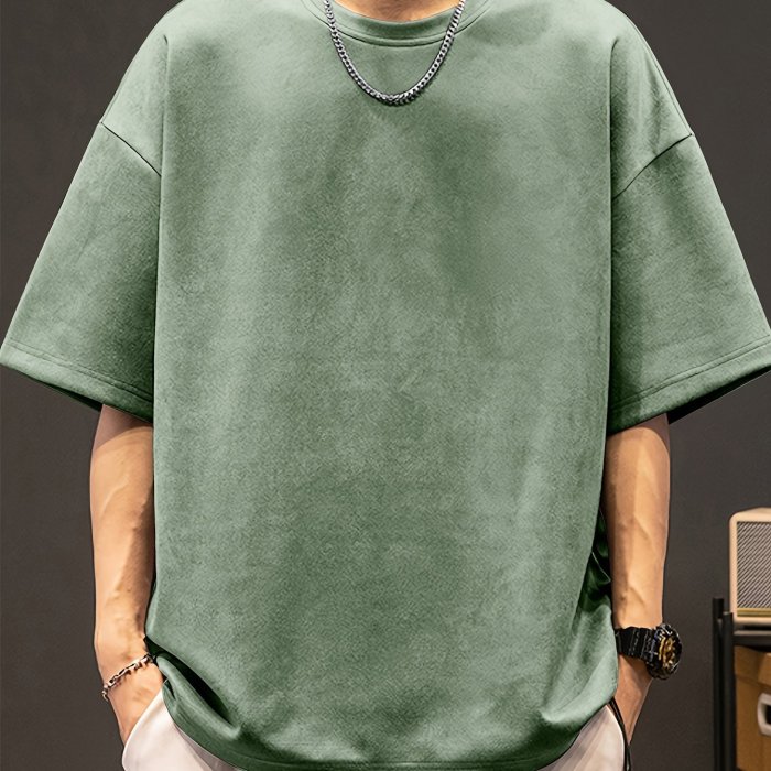 Loose Solid Suedette T-shirt Men's Loose Solid Suedette T-shirt, Casual Short Sleeve Crew Neck Tee, Men's Clothing For Summer Outdoor