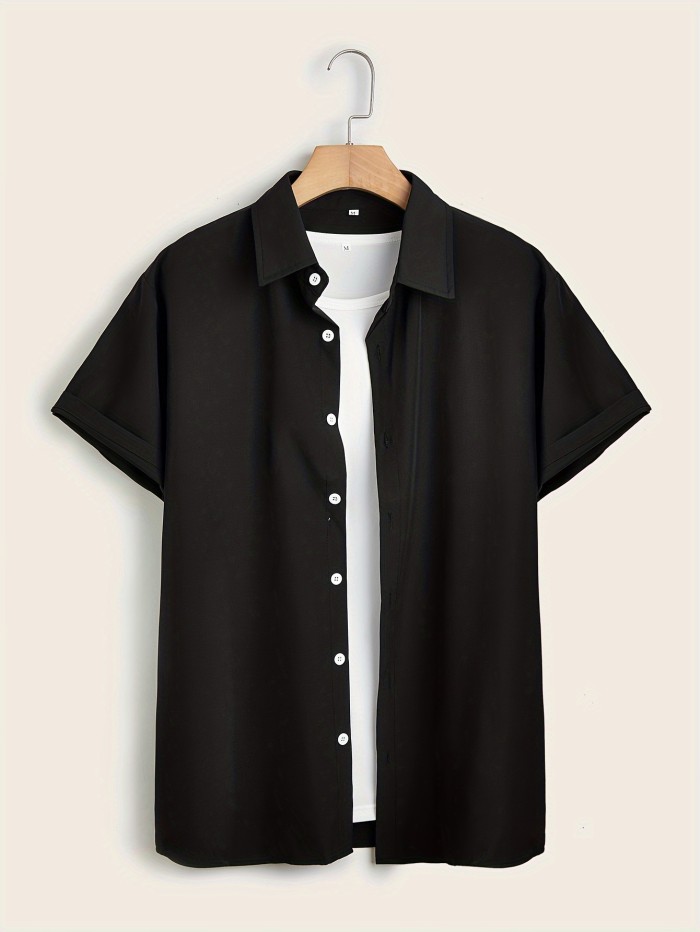 Gentle Care Men's Plus Size Solid Color Button- Shirt - Polyester, Lapel Collar, Short Sleeve Dress Blouse with Chest Pocket, Allseason Apparel | Solid Color Top | Simple Design, PLUS SIZE