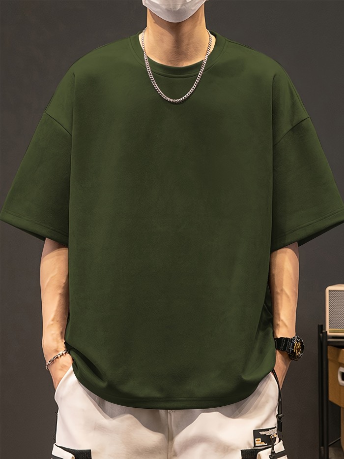 Loose Solid Suedette T-shirt Men's Loose Solid Suedette T-shirt, Casual Short Sleeve Crew Neck Tee, Men's Clothing For Summer Outdoor