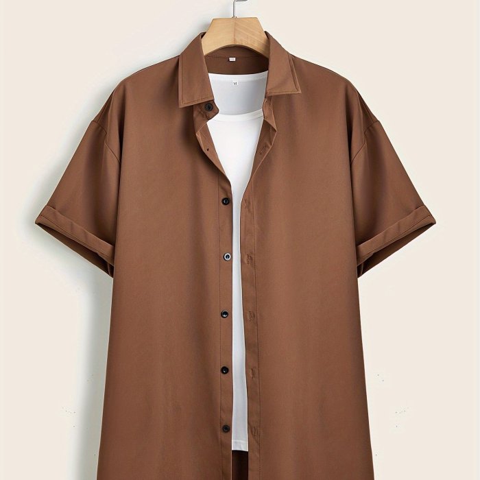 Gentle Care Men's Plus Size Solid Color Button- Shirt - Polyester, Lapel Collar, Short Sleeve Dress Blouse with Chest Pocket, Allseason Apparel | Solid Color Top | Simple Design, PLUS SIZE