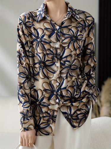 French-style Polo-neck Long-sleeved Shirt For Women, Early Spring 2025 New Arrival, Vintage-inspired Design With Printed Pattern, Chiffon Blouse That Conceals Imperfections And Slims The Figure.