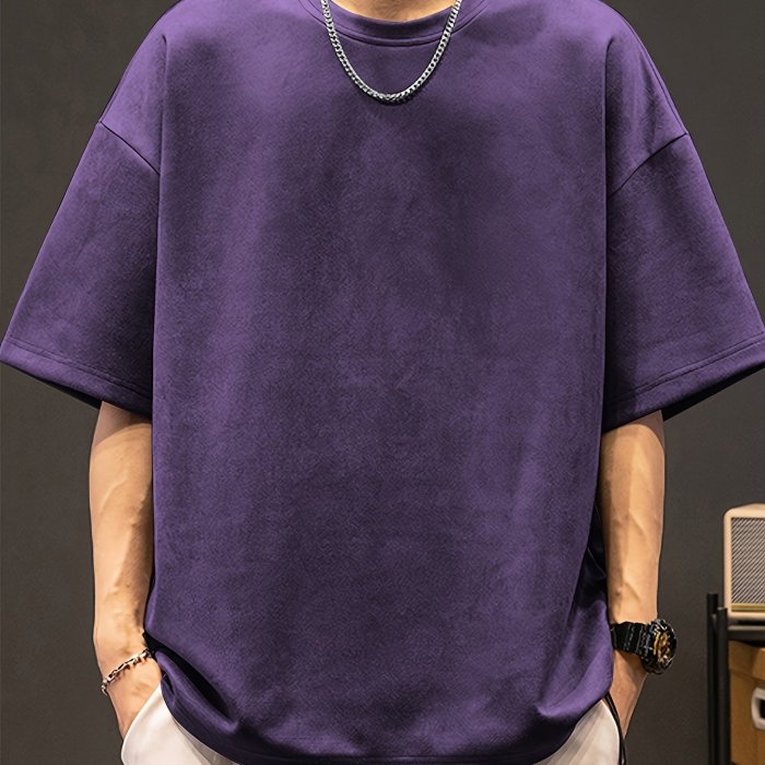 Loose Solid Suedette T-shirt Men's Loose Solid Suedette T-shirt, Casual Short Sleeve Crew Neck Tee, Men's Clothing For Summer Outdoor