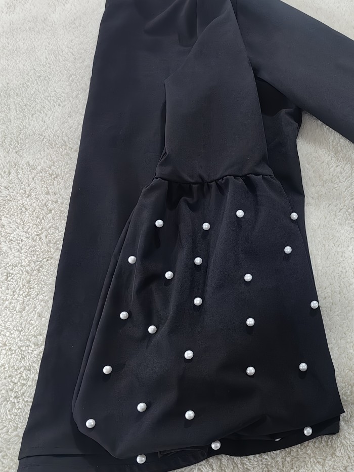 Chic Beaded Button-Up Blouse with Lantern Sleeves - Elegant Solid Color Mock Neck, Perfect for Spring & Fall, Women's Fashion