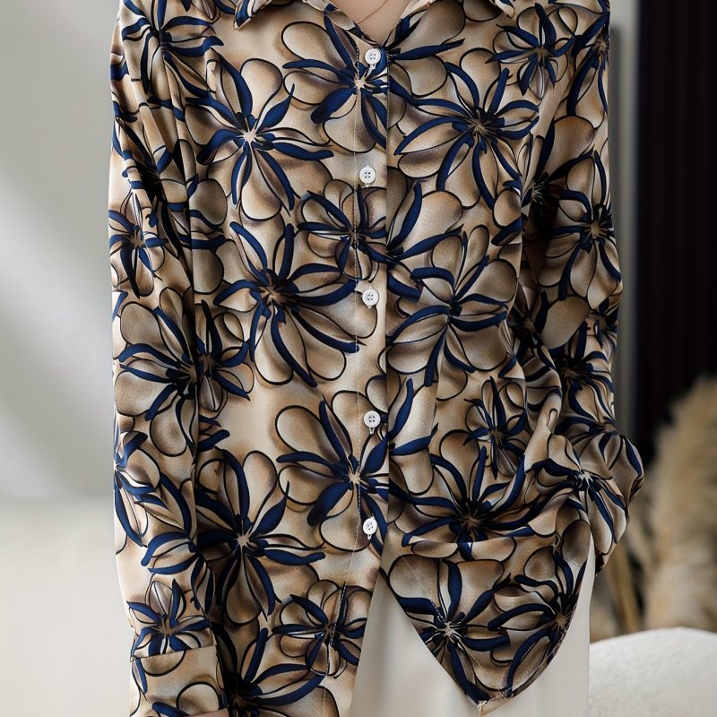French-style Polo-neck Long-sleeved Shirt For Women, Early Spring 2025 New Arrival, Vintage-inspired Design With Printed Pattern, Chiffon Blouse That Conceals Imperfections And Slims The Figure.