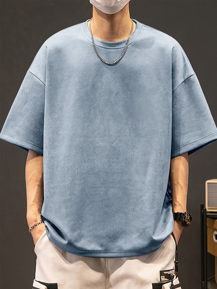 Loose Solid Suedette T-shirt Men's Loose Solid Suedette T-shirt, Casual Short Sleeve Crew Neck Tee, Men's Clothing For Summer Outdoor