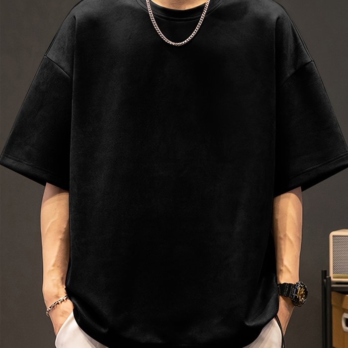 Loose Solid Suedette T-shirt Men's Loose Solid Suedette T-shirt, Casual Short Sleeve Crew Neck Tee, Men's Clothing For Summer Outdoor
