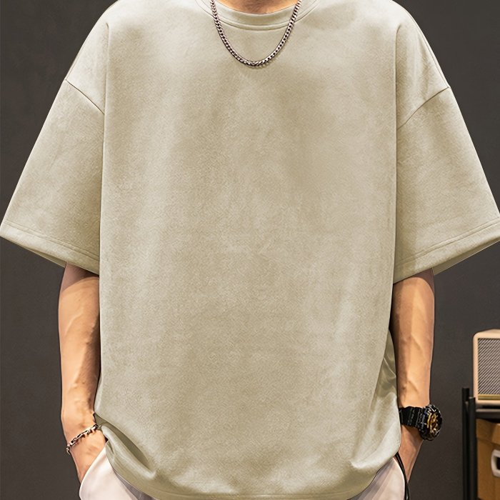 Loose Solid Suedette T-shirt Men's Loose Solid Suedette T-shirt, Casual Short Sleeve Crew Neck Tee, Men's Clothing For Summer Outdoor