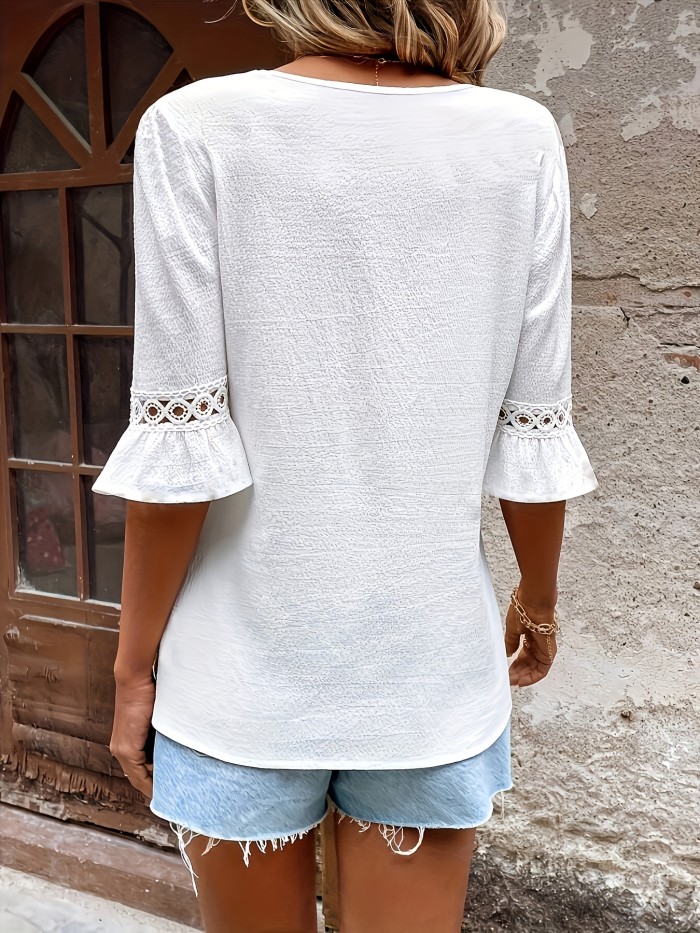 Elegant V-Neck Polyester Shirting Blouse, Solid Color, Woven, 120g\u002Fm², for Adult, Spring, Summer, Fall