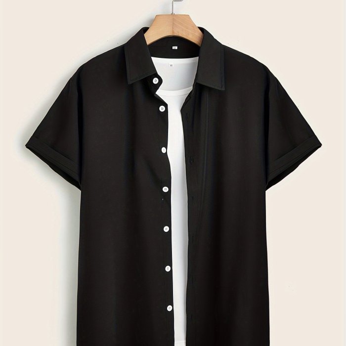 Gentle Care Men's Plus Size Solid Color Button- Shirt - Polyester, Lapel Collar, Short Sleeve Dress Blouse with Chest Pocket, Allseason Apparel | Solid Color Top | Simple Design, PLUS SIZE