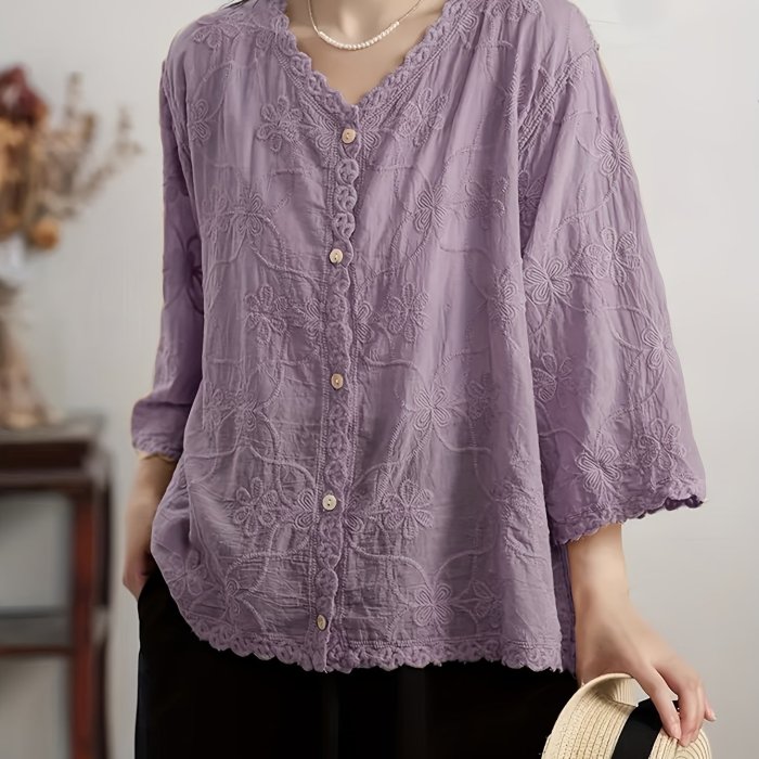 Elegant V-Neck Cardigan for Women - Comfortable Polyester, Half Sleeve, Button-Up with Intricate Floral Embroidery, Ideal for Spring\u002FSummer Casual Wear, Spring Fashion Wear|Elegant Vneck Shirt|Polyester Fabric