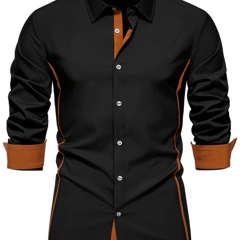 Long Sleeve Button Up Shirt Casual Color Block Men's Long Sleeve Button Up Shirt, Men's Spring And Autumn Mature Blouse