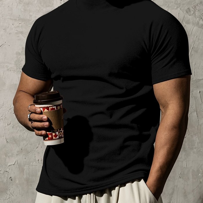 Summer Outdoor Short Sleeve Solid Colour T-shirt - Men's Fashion Turtleneck