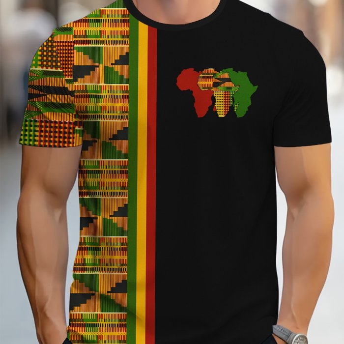 Men's Trendy Summer Color Block 3D Printed Crew Neck Short Sleeve Tee - Casual Polyester Blend, Machine Washable