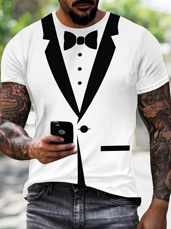 1pc Men'S Novelty 3D Print Tuxedo T-Shirt - Casual Street Style, Stretch Fabric, Crew Neck, Machine Washable, Polyester Knit, Regular Fit