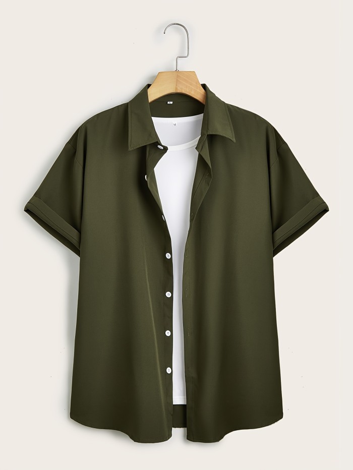 Gentle Care Men's Plus Size Solid Color Button- Shirt - Polyester, Lapel Collar, Short Sleeve Dress Blouse with Chest Pocket, Allseason Apparel | Solid Color Top | Simple Design, PLUS SIZE