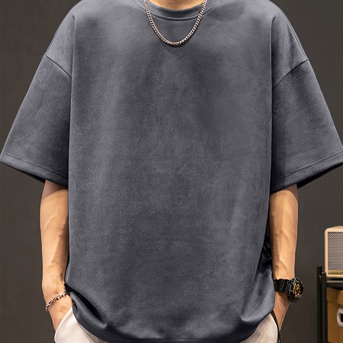 Loose Solid Suedette T-shirt Men's Loose Solid Suedette T-shirt, Casual Short Sleeve Crew Neck Tee, Men's Clothing For Summer Outdoor