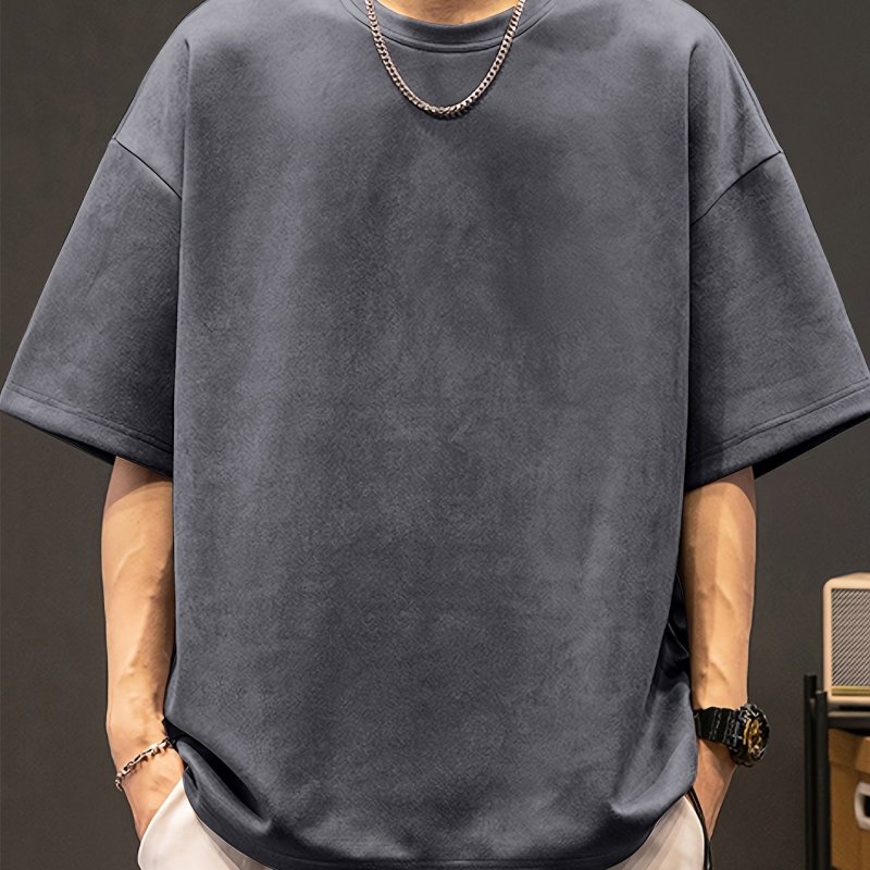 Loose Solid Suedette T-shirt Men's Loose Solid Suedette T-shirt, Casual Short Sleeve Crew Neck Tee, Men's Clothing For Summer Outdoor