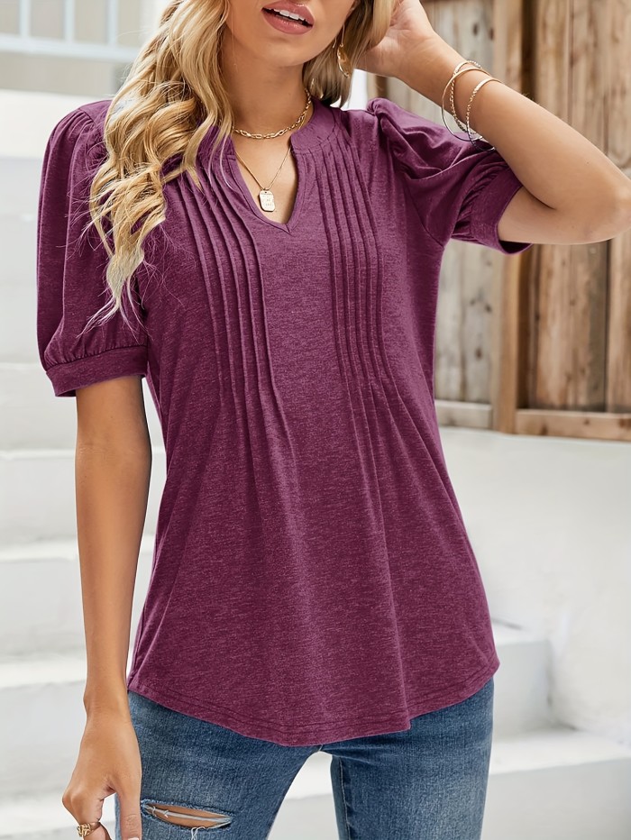 Women'S Elegant V Neck Puff Short Sleeve Pleated T-Shirt, Stylish And Comfortable Summer Tops, Casual Tunic Blouse With Soft, Lightweight, And Breathable Fabric For Everyday Wear