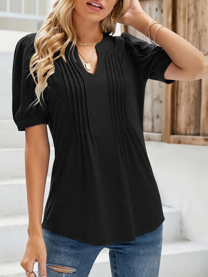 Women'S Elegant V Neck Puff Short Sleeve Pleated T-Shirt, Stylish And Comfortable Summer Tops, Casual Tunic Blouse With Soft, Lightweight, And Breathable Fabric For Everyday Wear