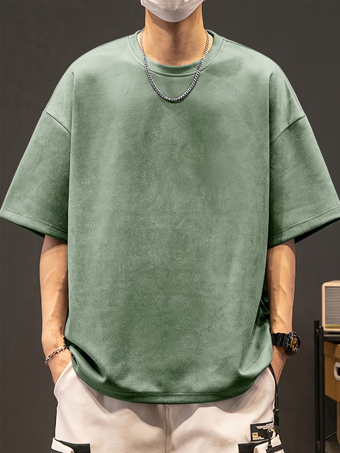 Loose Solid Suedette T-shirt Men's Loose Solid Suedette T-shirt, Casual Short Sleeve Crew Neck Tee, Men's Clothing For Summer Outdoor