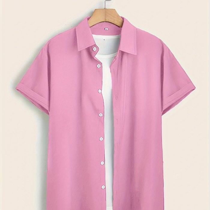 Gentle Care Men's Plus Size Solid Color Button- Shirt - Polyester, Lapel Collar, Short Sleeve Dress Blouse with Chest Pocket, Allseason Apparel | Solid Color Top | Simple Design, PLUS SIZE