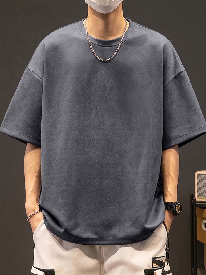 Loose Solid Suedette T-shirt Men's Loose Solid Suedette T-shirt, Casual Short Sleeve Crew Neck Tee, Men's Clothing For Summer Outdoor