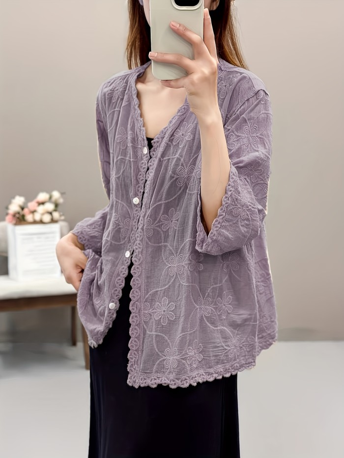 Elegant V-Neck Cardigan for Women - Comfortable Polyester, Half Sleeve, Button-Up with Intricate Floral Embroidery, Ideal for Spring\u002FSummer Casual Wear, Spring Fashion Wear|Elegant Vneck Shirt|Polyester Fabric