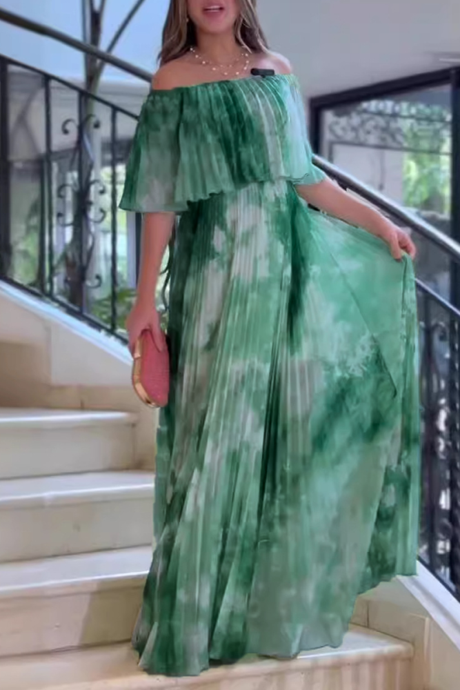 Elegant Gradient Print Pleated Off Shoulder Pleated Dresses