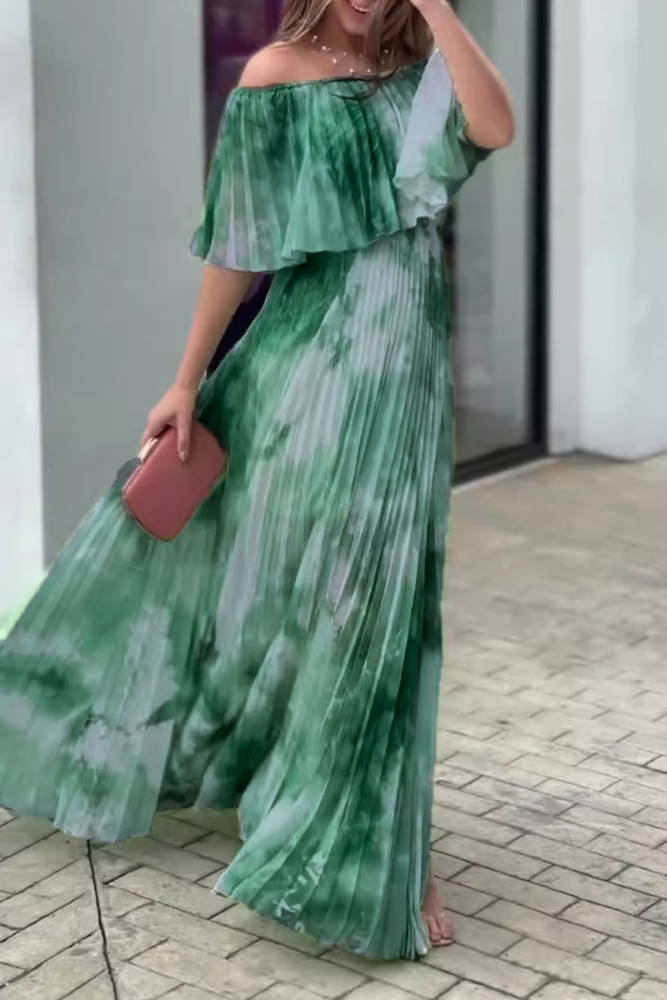 Elegant Gradient Print Pleated Off Shoulder Pleated Dresses