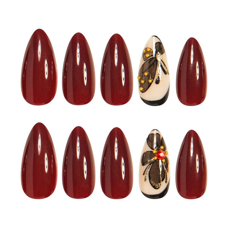 24pcs Chic Red Almond Press-On Nails Set with Golden Butterfly & Rhinestone Accents - Glossy Finish, Medium Length, Includes Jelly Adhesive & Nail File for Easy Application