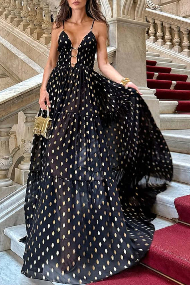 Sexy Polka Dot Contrast V Neck Long Dresses