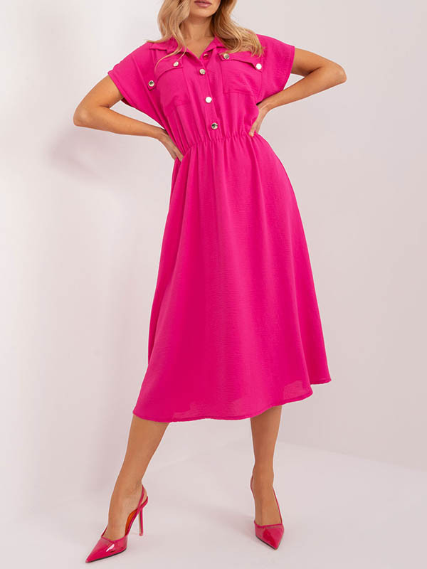 A-Line High Waisted Buttoned Pleated Solid Color Lapel Midi Dresses
