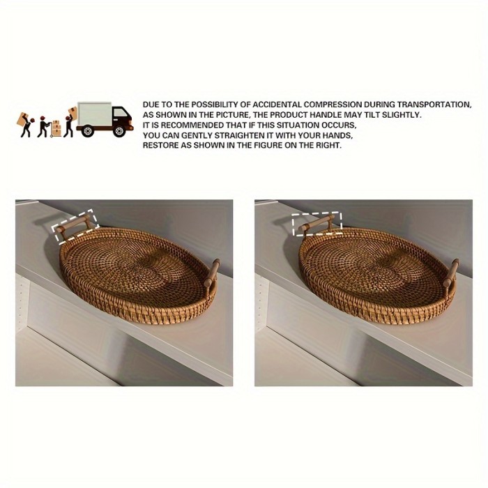 1pc Handmade Rattan Serving Tray - Double Ear Tea Tray, Fruit Plate, Bread Snack Basket, Storage Woven Basket, Heat Insulation, Perfect for Home Kitchen Supplies