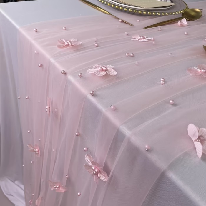 White Pearl & Floral Tulle Table Runner - Elegant, Lightweight, Beaded Bridal Veil with Lace Overlay for Wedding Receptions & Bridal Showers