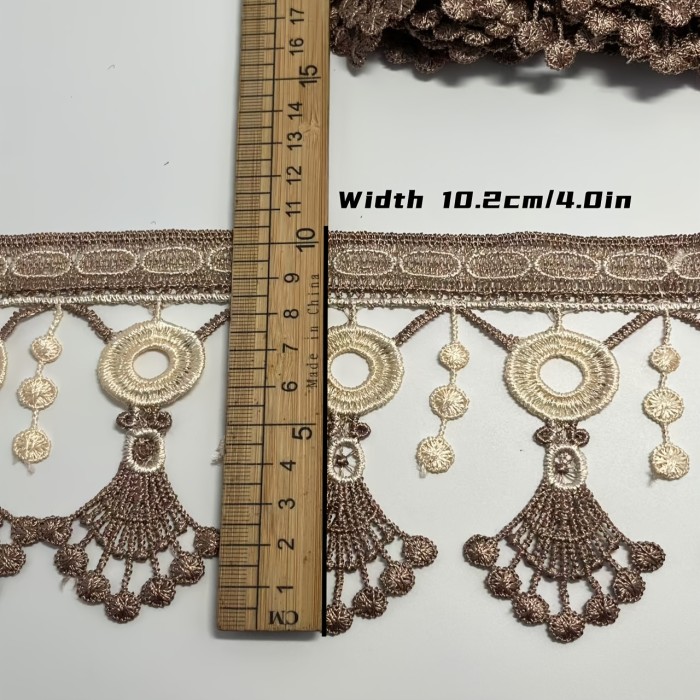 Two-Tone Embroidery Fringe Lace Trim - 5 Yards, Brown and Cream, Ideal for Crafts, Sewing Projects, Curtains, Sofa Pillows, Tablecloths