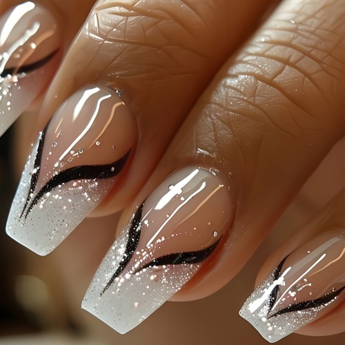 24 Pcs Glossy Press On Nails Short-T Fake Nails White Disperse Powder And Black Stripe False Nails Glitter Artificial Reusabe False Nails For Women And Girl