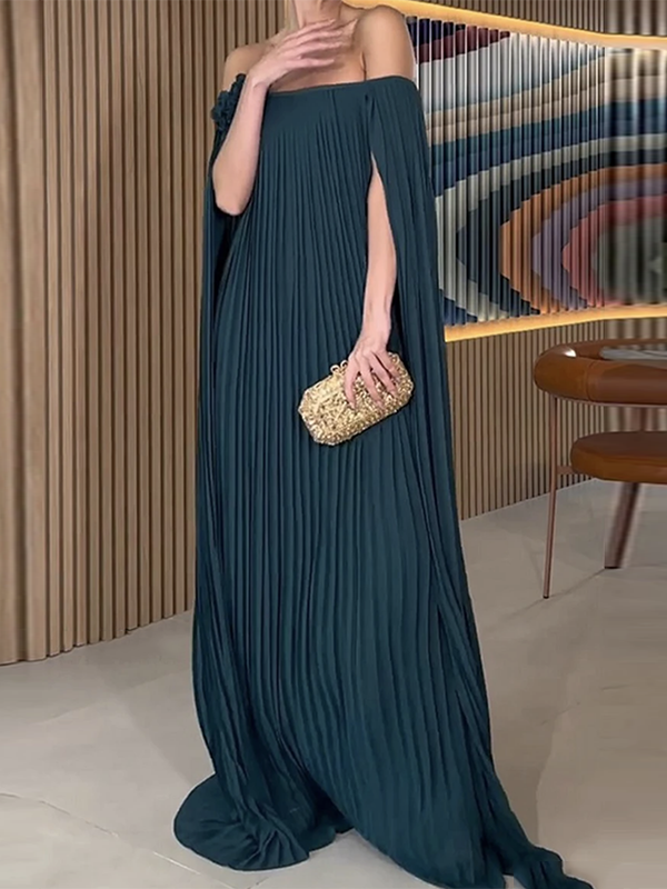 Loose Gauze Pleated Solid Color Tiered Off-The-Shoulder Evening Dresses Maxi Dresses