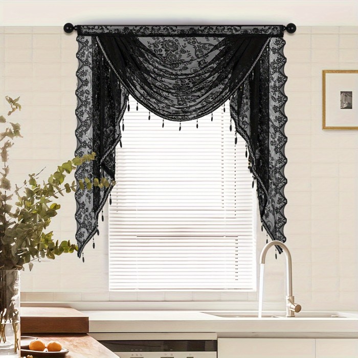 Semi-Sheer Polyester Wave Lace Valance - Chic Black Floral Jacquard Short Curtain for Kitchen & Living Room Decor with Rod Pocket Design